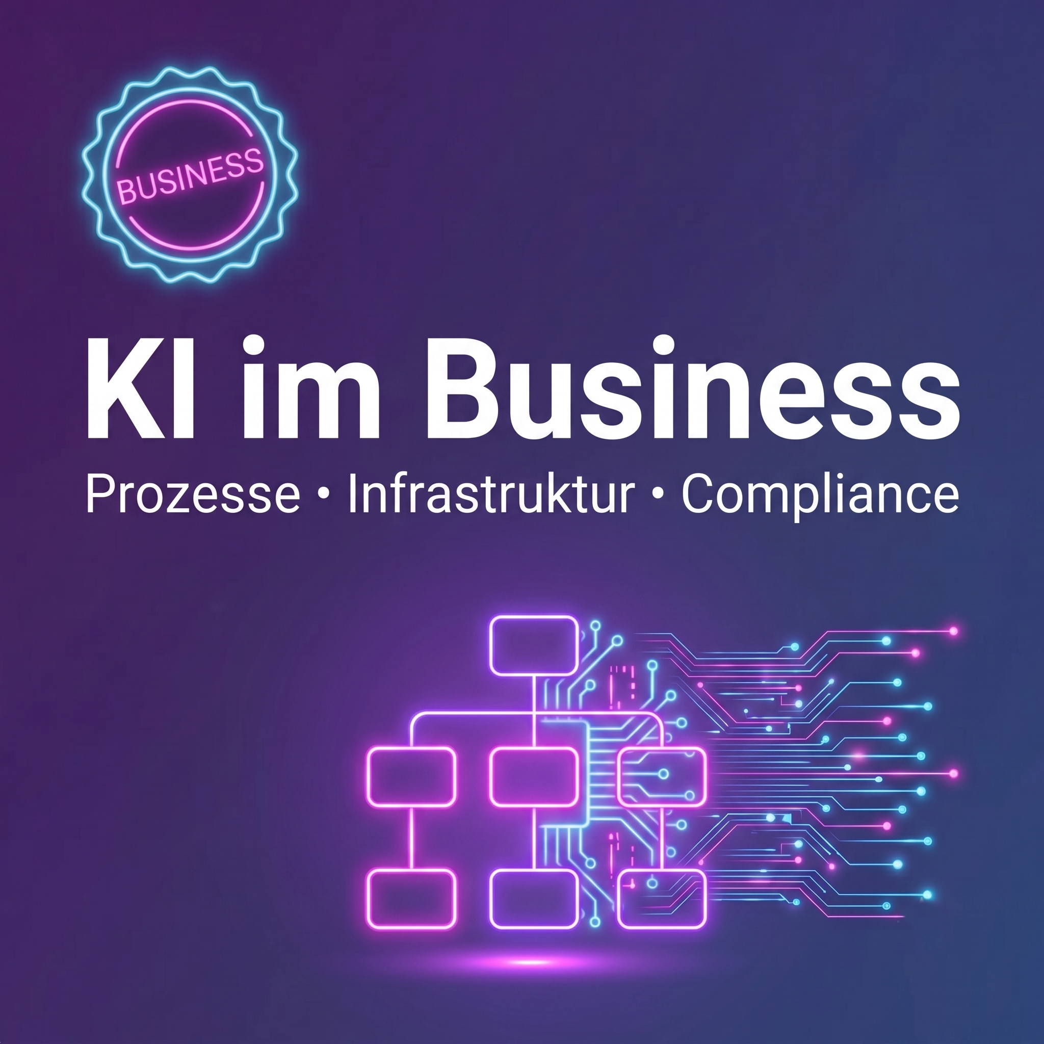 Dunkelviolettes quadratisches Cover mit der Aufschrift "KI im Business – Prozesse, Infrastruktur, Compliance" und einem leuchtenden Neon-Organigramm-Symbol.